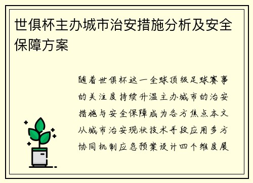 世俱杯主办城市治安措施分析及安全保障方案
