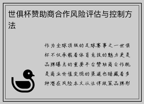 世俱杯赞助商合作风险评估与控制方法
